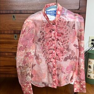 Zimmermann Pink Floral Ruffle Button-Up Blouse
